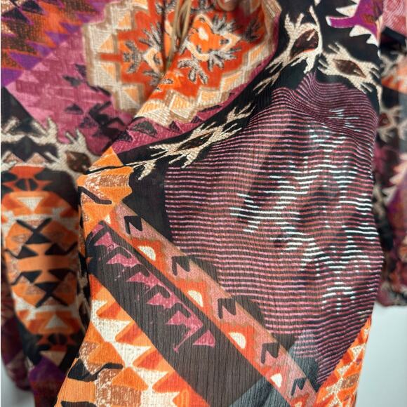 DayTrip Women L Blouse Aztec Orange Red Black Popover Sheer Tassel Detail Boho - Picture 6 of 8